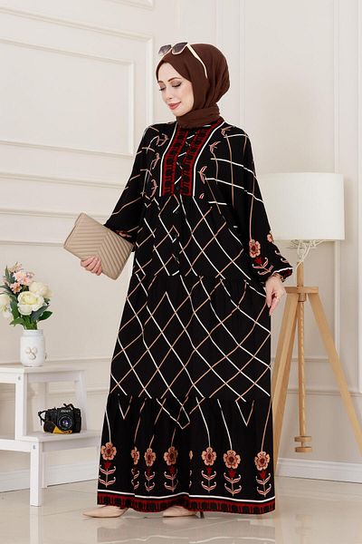 Sevitli Diamond Patterned Robe Viscon Dress-Burgundy