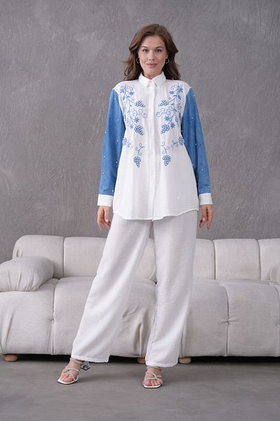 Miss Allos Women's Sleeves Denim Front Embroidered Pearl Detailed Linen Shirt and Pants Bottom Top Set