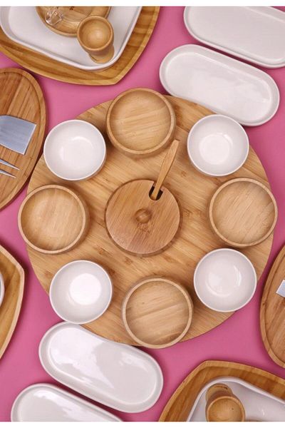 Atbyhome Natural Look 6-Person 68-Piece Ceramic and Bamboo Breakfast Set Luxury Breakfast Presentation Set