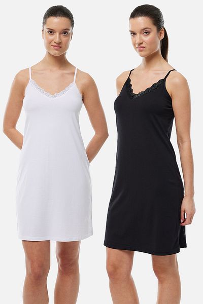 Malabadi Femei, negru, alb, 2 bucăți, cu bretele subțiri, rochie reversibilă, căptușeală, jupon modal din dantelă 2M1047