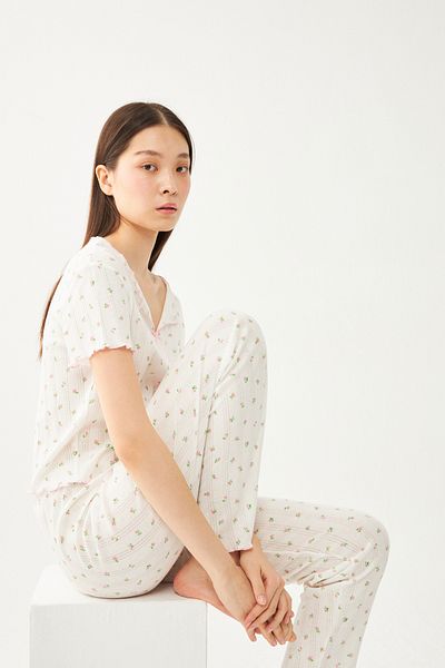 Ecrou Women's Ecru Crispy Floral Patterned Ribbon Baby Overlock Short Sleeve Trousers Set