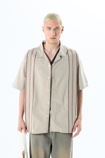 VAMOSCLO Embroidery Detailed Pocketless Short Sleeve Oversize Linen Shirt Mink