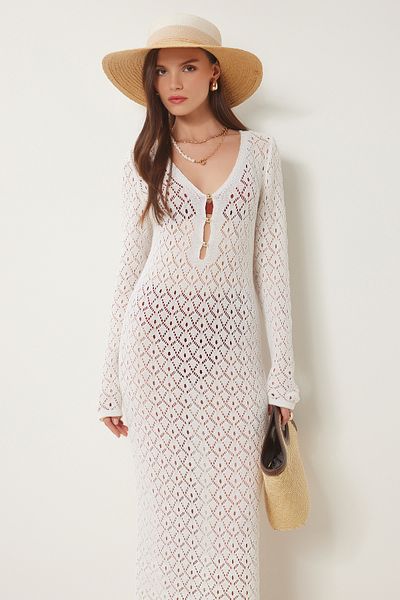 Lovelyİstanbul Bead Detailed Openwork Summer Knitwear Dress Bone Lki0029