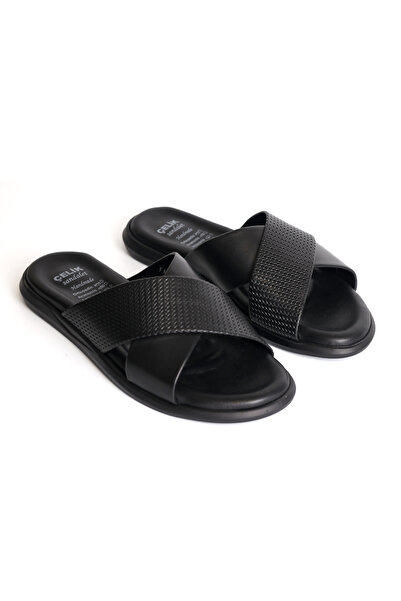 ELİT SHOES Hakiki Deri Ortapedik Taban Çapraz Bantlı Siyah Erkek Terlik