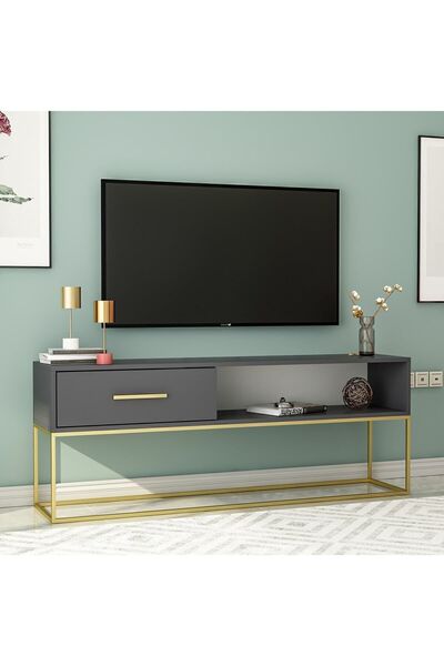 İNARCH DİZAYN Mira Tv Sehpası Antrasit - Metal Gold Ayaklı