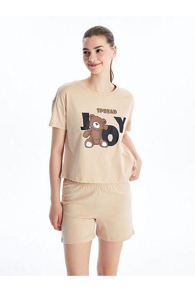 LC Waikiki Crew Neck Printed Short Sleeve Women's Pajamas Set with Shorts