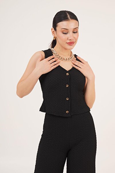 Hipo Trend Гофре Тканина V-подібний комір Чорний жилет