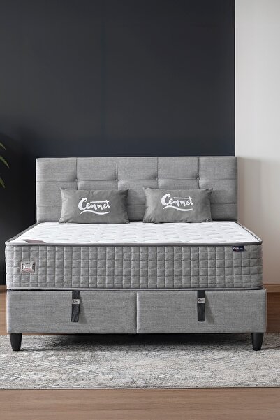 CENNET YATAK Mimoza Modeli Çift Kişilik Full Ortopedik Yataklı Sandıklı Baza ve Başlık Takımı 3 lü Set