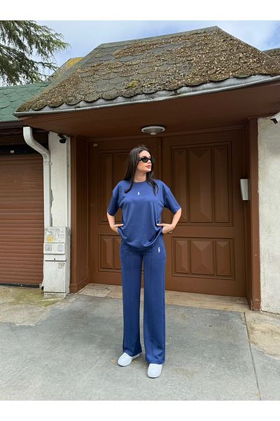 LE CARAMBOLE Women's Navy Blue Modal Fabric Tshirt and Pants Double Bottom Top Set