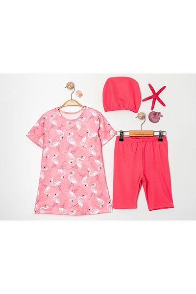 Little Pumpkin Flamingo Patterned Bonnet Shorts Hijab Swimsuit Set