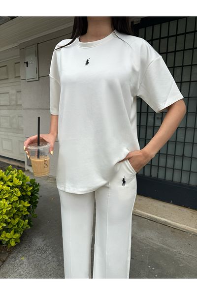LE CARAMBOLE Women's White Modal Fabric Tshirt and Pants Double Bottom Top Set