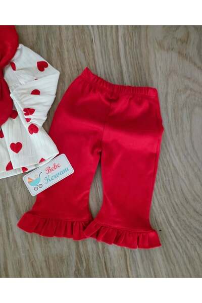 bebe kervanı Kız Bebek % 100 Pamuklu Kırmızı İspanyol Paça 3'lü takım BBK1365