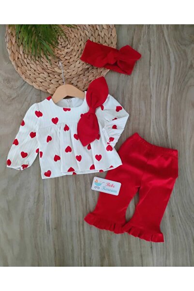 bebe kervanı Kız Bebek % 100 Pamuklu Kırmızı İspanyol Paça 3'lü takım BBK1365