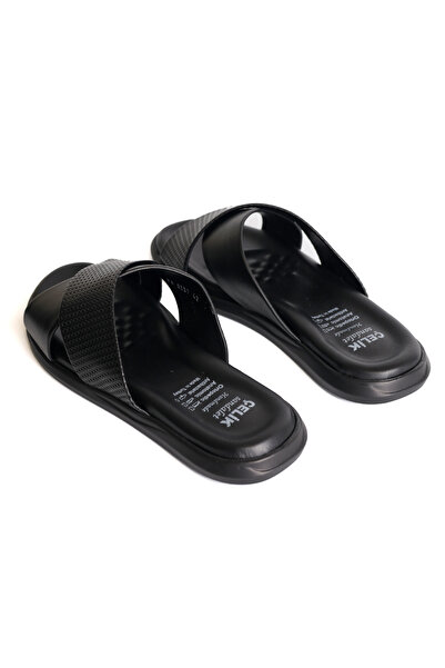 ELİT SHOES Hakiki Deri Ortapedik Taban Çapraz Bantlı Siyah Erkek Terlik