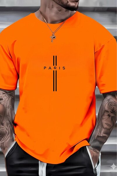 stg spor toptan giyim Ανδρικό μπλουζάκι με πορτοκαλί ριγέ Paris printed oversize