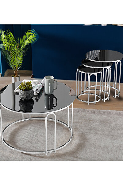 SEDAŞ LIVING UNITS Lenka Zigon Orta Sehpa Takımı Yuvarlak Gümüş Metal 3+1 - SİYAH AYNALI KIRILMAZ (TEMPERLİ) CAM