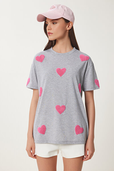 Lovelyİstanbul Βαμβακερό πλεκτό μπλουζάκι με υφή καρδιάς ΓΚΡΙ ΜΕΛΑΝΖ LMP0009