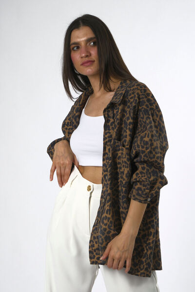 ABBRA Women's Modal Leopard Patterned Oversize Shirt