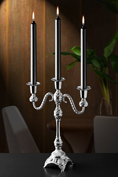 WuuQ Lüx Dekoratif Şamdan,Mumluk 3 Kollu - Gümüş