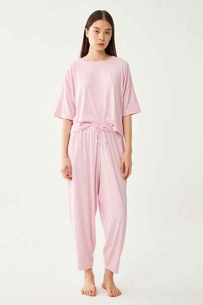 nulu Women's Pink Dublin Short Sleeve Baggy Trousers Pajama Set