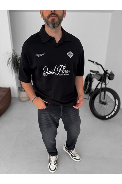 BYBASICMAN Black Quiet Place Polo Neck Oversize T-Shirt Pm-079