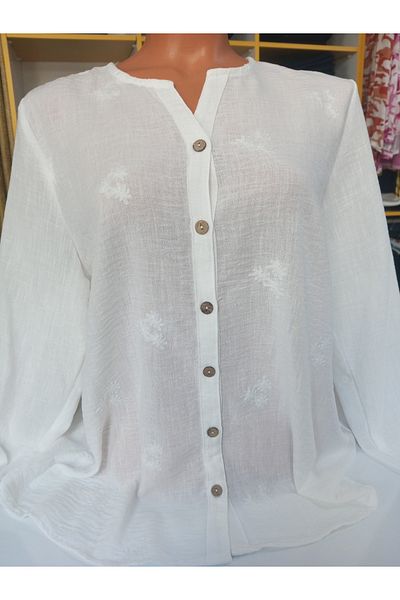 AKŞEN GİYİM Plus Size 100% Cotton Linen Embroidered Fold over Sleeve O-Neck Classic White Shirt