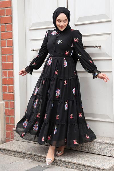 Neva Style فستان حجاب أسود منقوش بالزهور 32816S