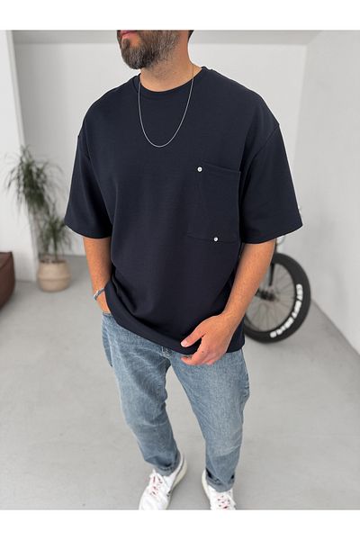 BYBASICMAN Navy Blue Rivet Pocket Detailed Oversize T-Shirt Bs-004