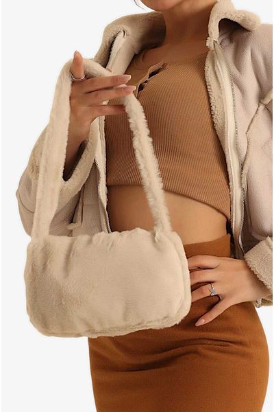 roseberry Beige Plush Feather Shoulder Bag - R1421