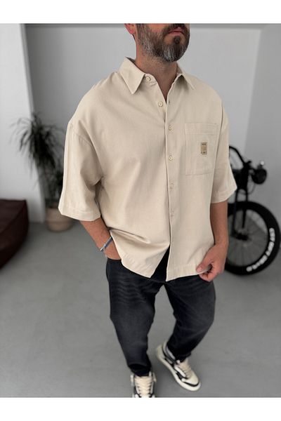 BYBASICMAN Beige Pocket Patched Short Sleeve Shirt Bs-001