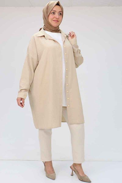 Eslina 58054 Large Size Linen Shirt with Low Sleeve Cuffs - Beige
