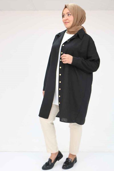 Eslina 58054 Large Size Linen Shirt with Low Sleeve Cuffs - Black