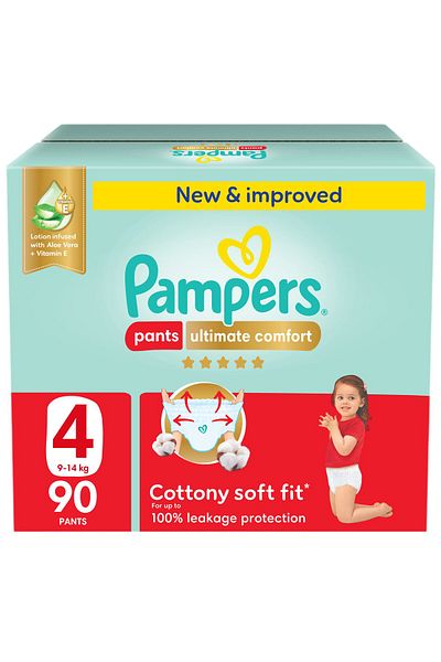 Pampers Ultimate Comfort Pants Diapers, S4, 9-14kg, Lotion infused with Aloe Vera & Vit E,Giant Box, 90 Ct