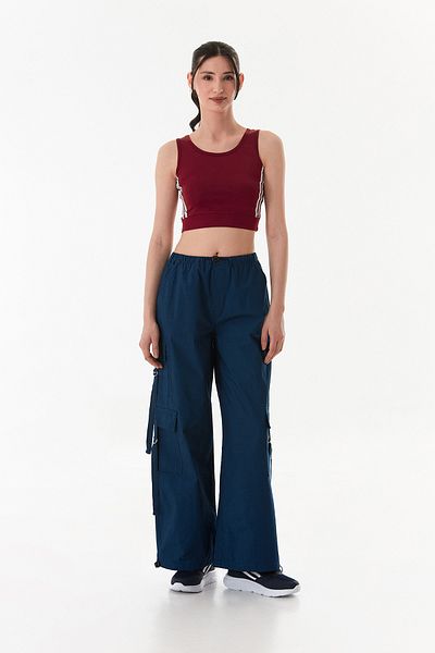 Fulla Moda Elastic Waist Cargo Pocket Parachute Fabric Trousers with Stopper
