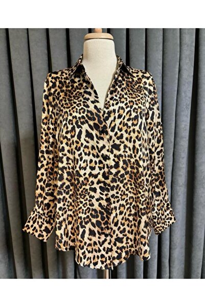 fatma keskin linna butik Leopard Satin Shirt V Neck Long Sleeve Double Button...