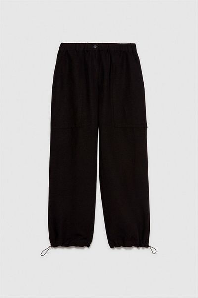 Sisley Linen Blended Elastic Waist Drawstring Trousers Women's Black Trousers - 324P40Brlf051