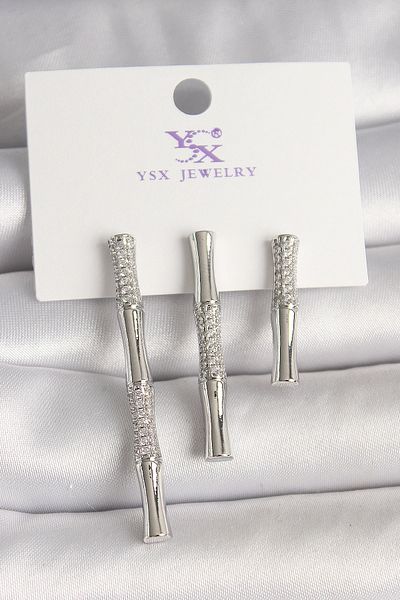 Clariss Brass Silver Color Zircon Stone Bamboo Model 3-Piece Women's Combination Earrings