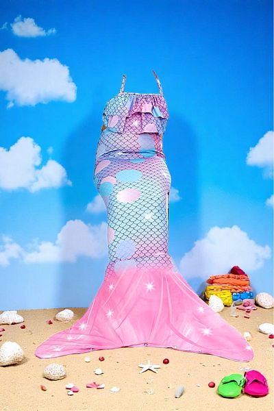 Lolliboomkids Mermaid Mermaid Ruffle Bikini / Swimsuit 3 Piece Suit Houndstooth Bubble Color Transition Concept