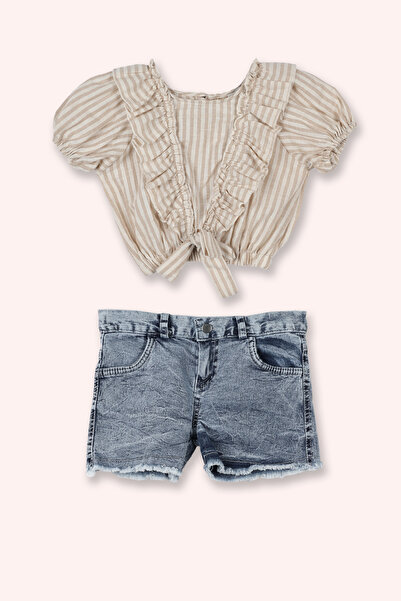 Panço Kız Bebek Önü Büzgülü Şortlu Somon Takım