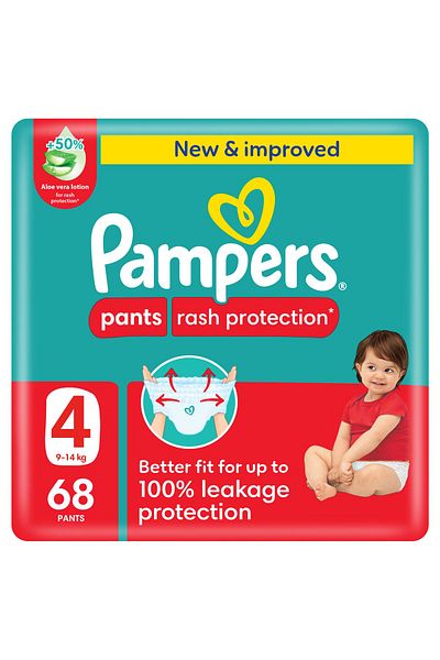 Pampers Rash Protection Pants Diapers, Size 4, 9-14kg, +50% Aloe Vera Lotion, Giant Pack, 68 Count
