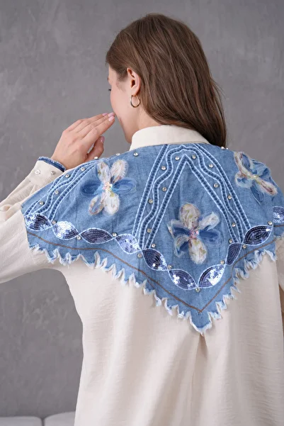 Miss Allos Women's Back Shawl Embroidery Tulle Flower and Stone Embroidered Denim Garnished Linen Shirt and Pants Bottom Top Set