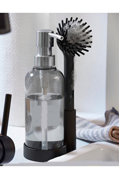 ForWhat Liquid Detergent Soap Dispenser Set with Silicone Brush and Stand for Office Home Office Bathroom Kitchen Layout