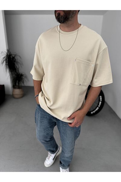 BYBASICMAN Beige Rivet Pocket Detailed Oversize T-Shirt Bs-004