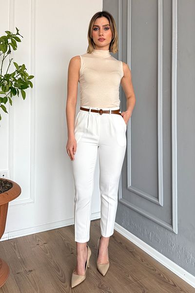 ModaPlaza Women's Skinny Leg Belted Trousers 4577