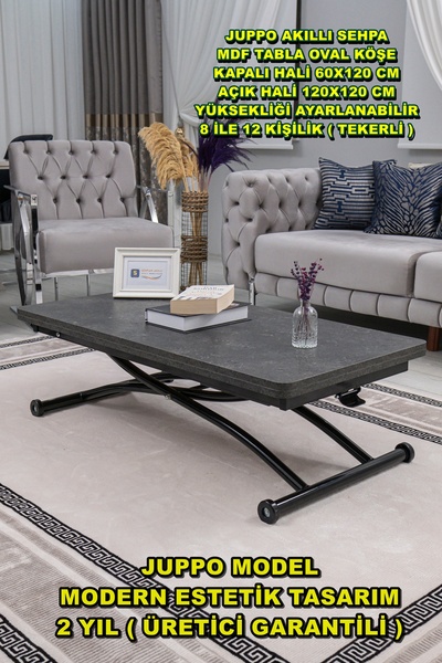 SEHPAM AKILLI Akıllı Sehpa Juppo Üst Tabla Mdf Frezeli Antrasit Oval Köşe Alt Ayak Siyah Dışa Kıvrım