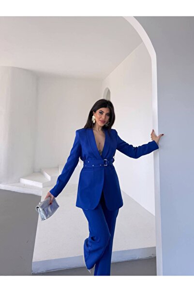 BARG FASHION Kadın Kemerli Ceket Pantalon Takım