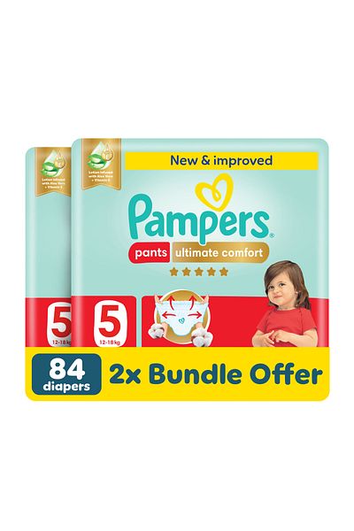 Pampers Ultimate Comfort Pants Diapers, S 5, 12-18kg, Lotion infused with Aloe Vera & Vitamin E, 84 Count