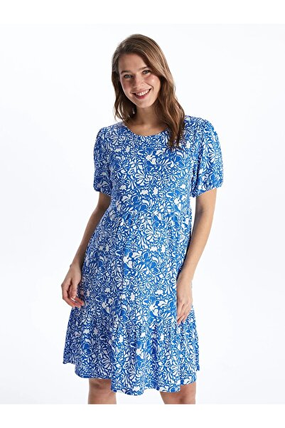 LC Waikiki LCWAIKIKI Maternity Синя сукня для вагітних з круглим вирізом і квітковим принтом та короткими рукавами