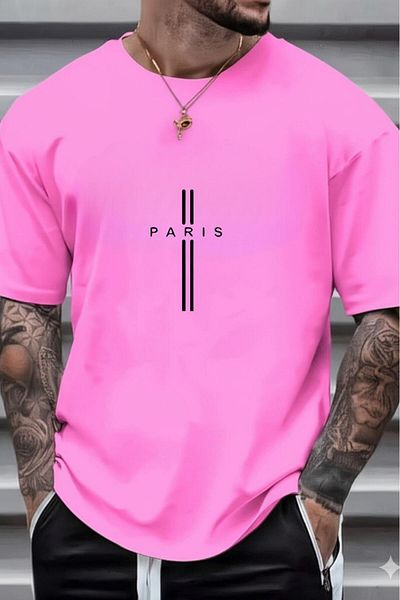 NO 601 Ανδρικό μπλουζάκι με ροζ ριγέ Paris printed oversize