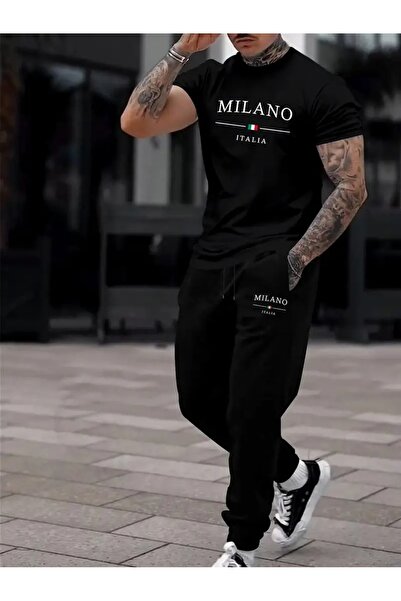MEİLİFENG Men's Black Milano Printed Oversize Tracksuit Suit